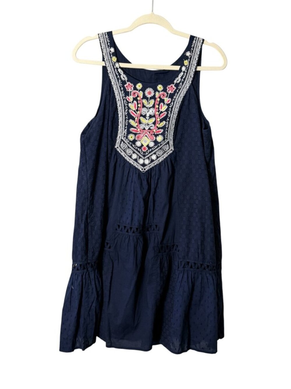 Anthropologie Maeve Tisha Dress size 12 Navy Blue Embroidered Lattice Lace Swing - Picture 2 of 9